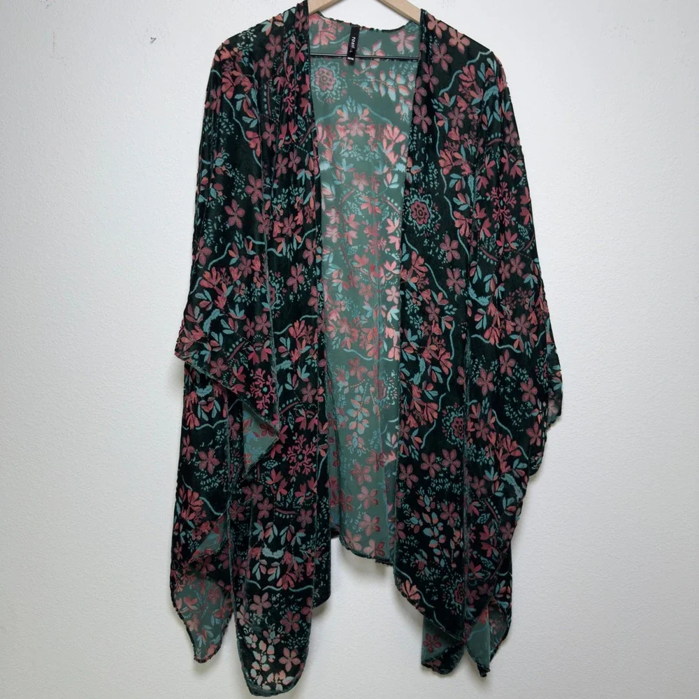 Torrid Women Ruana Burnout‎ Velvet Kimono O/S Green Floral Open Front Cardigan
